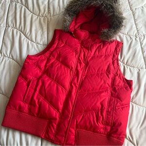 Gap Red Puffer Vest With Removable And Adjustable Faux Fur Lined Hood